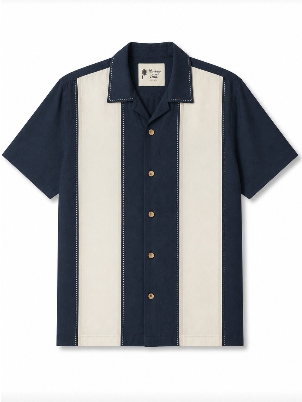 Vintage Silk Navy Blue Cream Colorblock Bowling Camp Shirt 100% Silk XXL